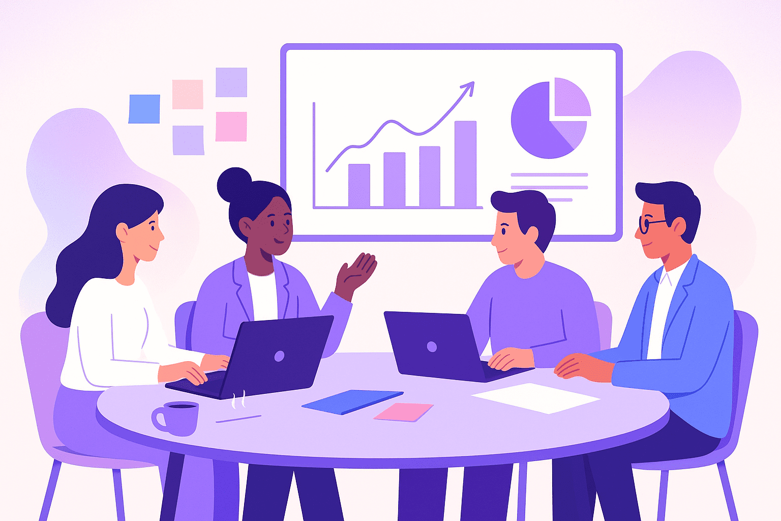 Illustration pastel équipe qui planifie un calendrier éditorial