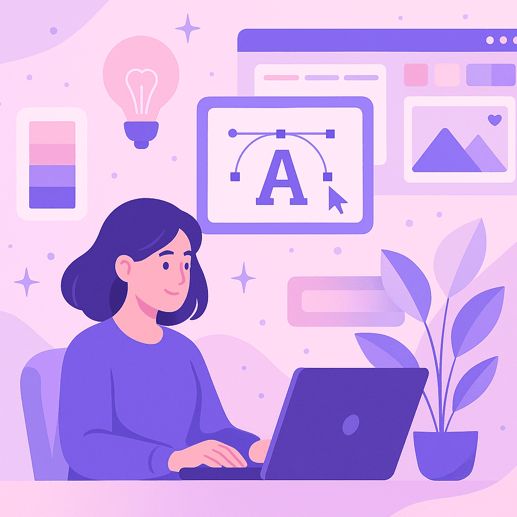 Designer travaillant sur un écran dans un studio pastel