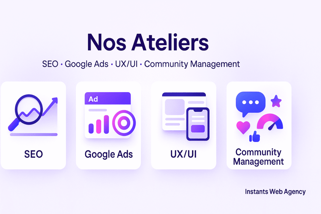 nos ateliers chez instants web agency - apprendre le graphisme - apprendre le référencement naturel - créer des campagnes publicitaires avec google ads - gérer mes réseaux sociaux .