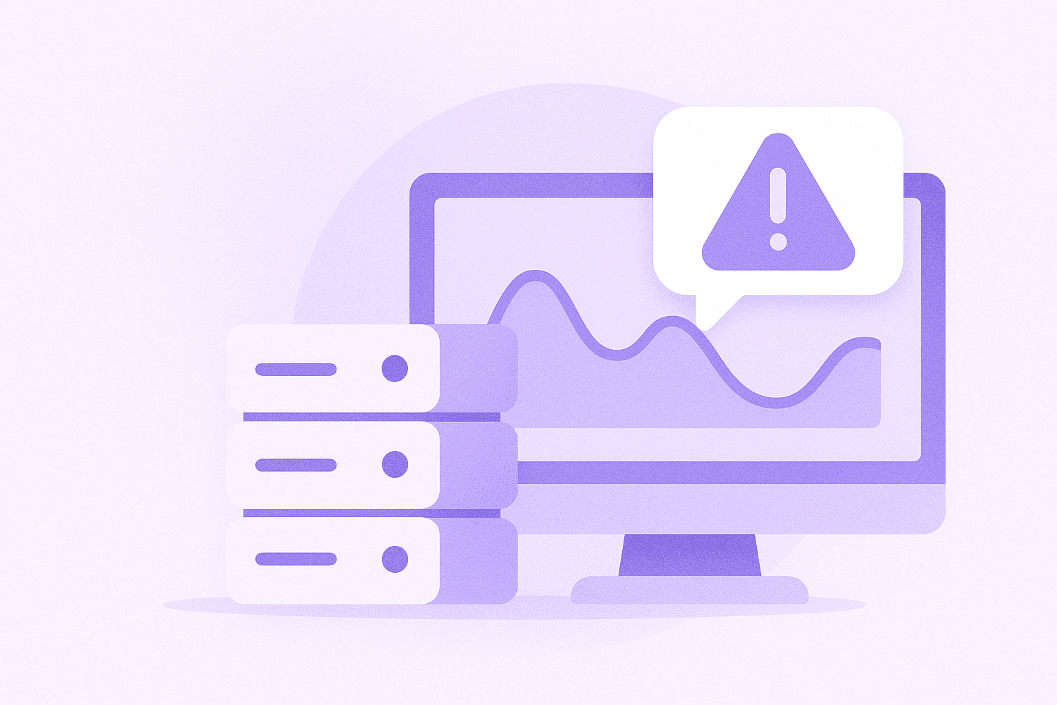 Illustration pastel : supervision & alerting e-commerce (serveurs, écran, alerte)