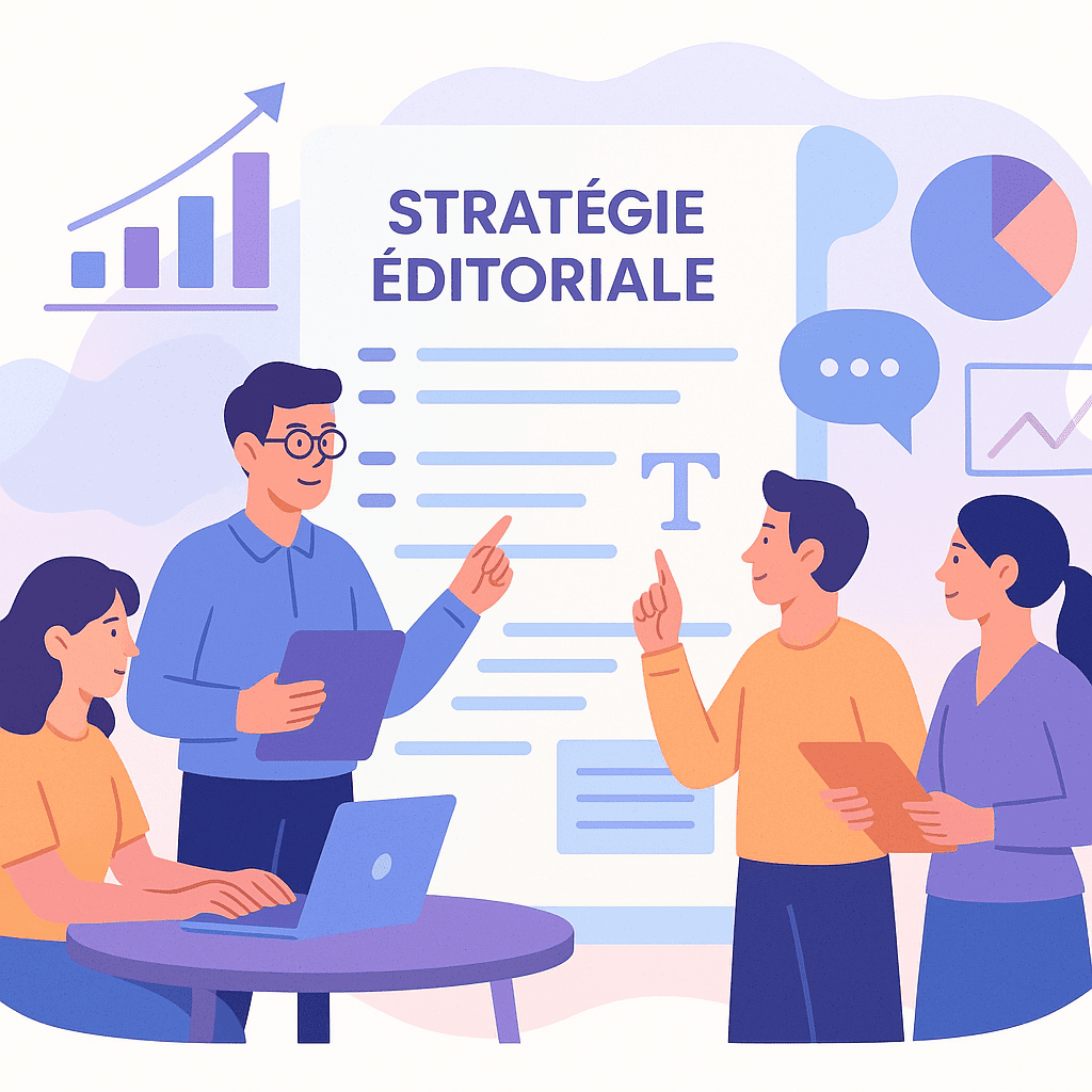 Illustration d'une équipe qui planifie une stratégie éditoriale