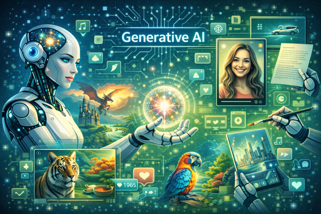Illustration représentant l'impact de l'intelligence artificielle générative en 2026, avec des éléments technologiques