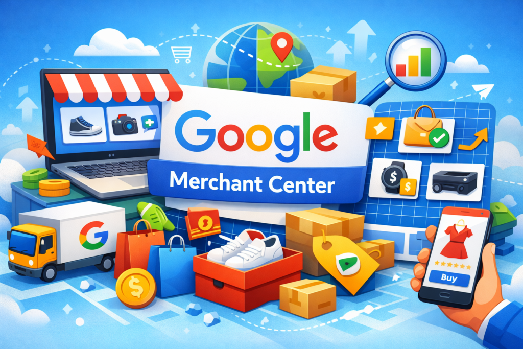 Capture d'écran de l'interface de Google Merchant Center montrant des produits et des informations associées.