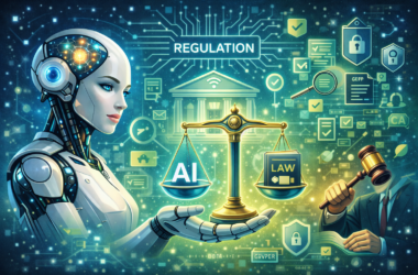 Illustration représentant des concepts liés à la régulation de l'intelligence artificielle.