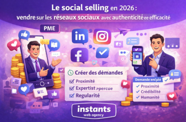 Stratégies de social selling pour PME avec logos de réseaux sociaux et conseils