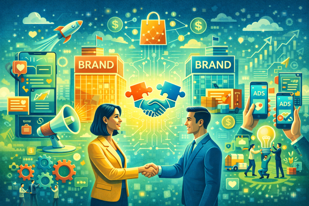 Une illustration représentant la collaboration entre plusieurs marques.