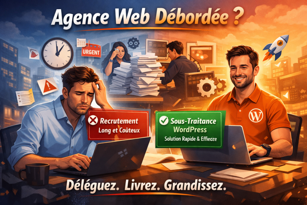 Deux hommes travaillant sur des ordinateurs, l'un stressé, l'autre serein, avec des éléments de gestion