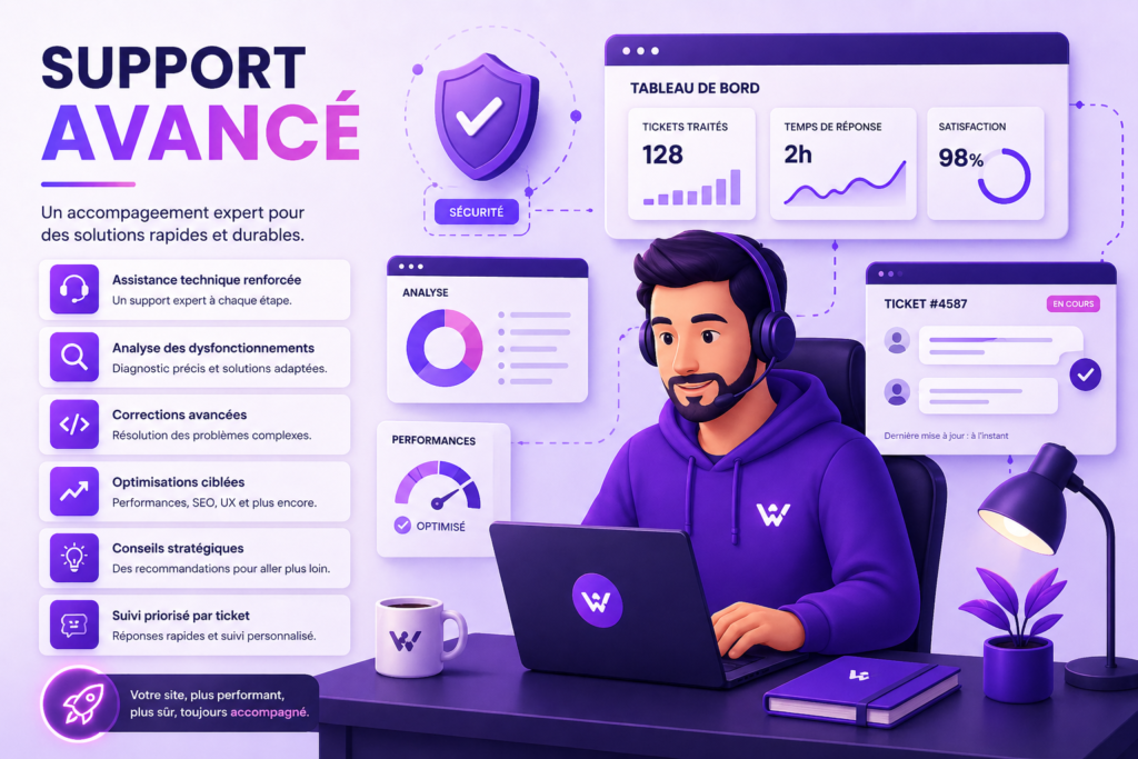 Personne avec casque, tableau de bord et icônes de support avancé en agence web
