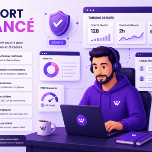 Personne avec casque, tableau de bord et icônes de support avancé en agence web