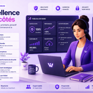 Femme en casque, travaillant sur un ordinateur avec des graphiques de support premium