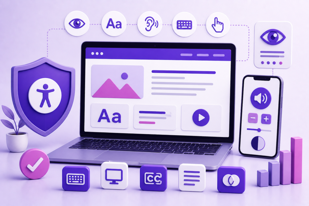 Ordinateur portable et smartphone affichant des icônes d'accessibilité et de design inclusif