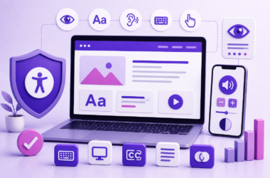 Ordinateur portable et smartphone affichant des icônes d'accessibilité et de design inclusif
