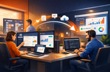 Professionnels travaillant sur des ordinateurs pour créer un site WordPress