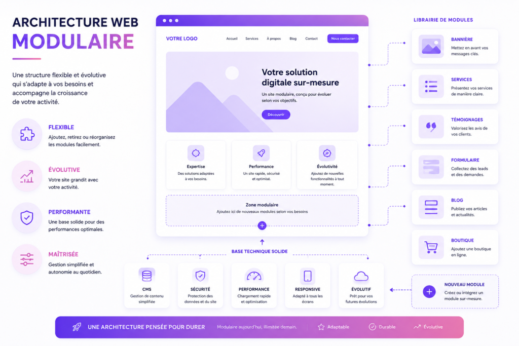 Schéma d'architecture web modulaire avec sections et fonctionnalités détaillées