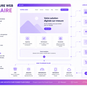 Schéma d'architecture web modulaire avec sections et fonctionnalités détaillées