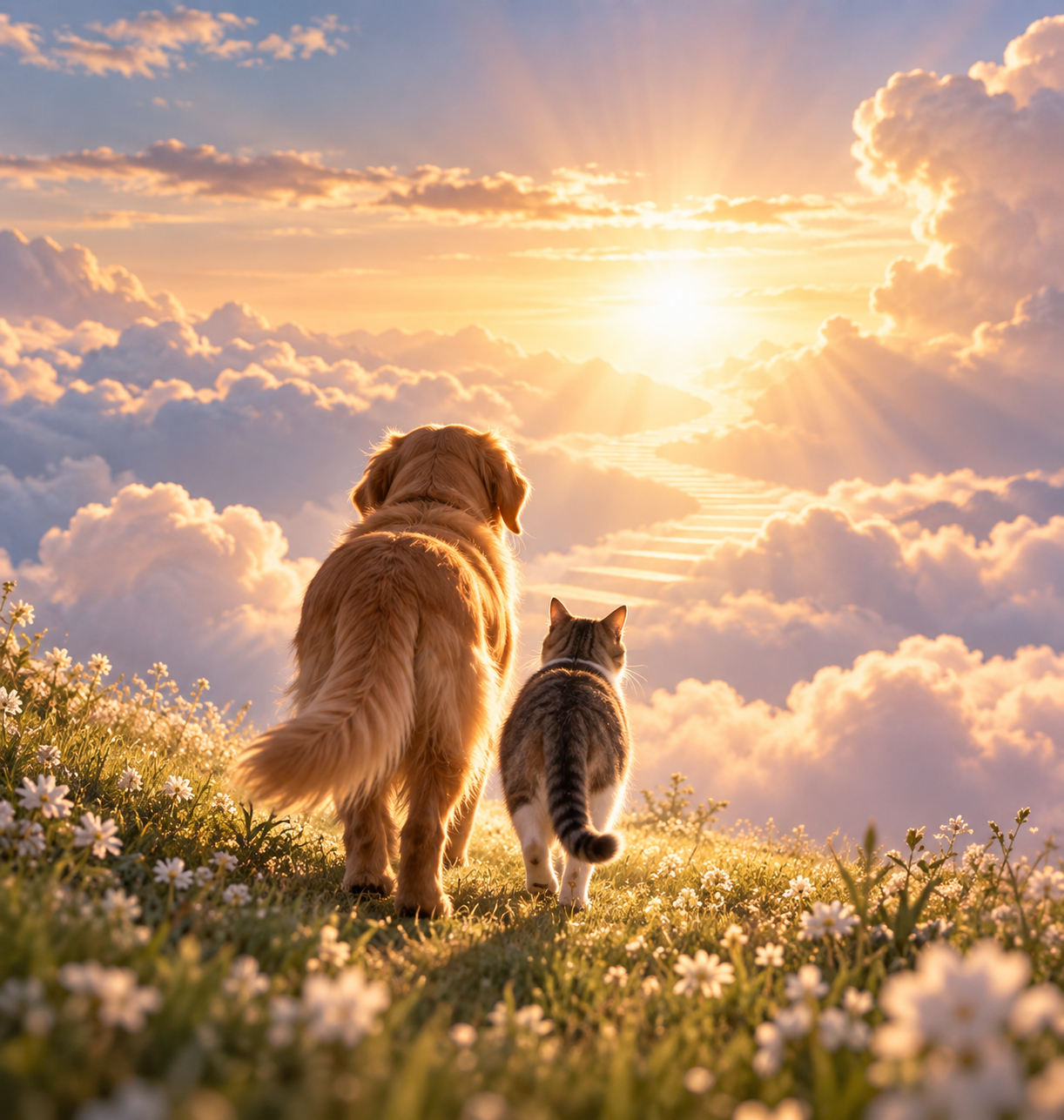 Chien et chat avançant ensemble vers la lumière, illustration symbolique du souvenir et de l'accompagnement funéraire animalier